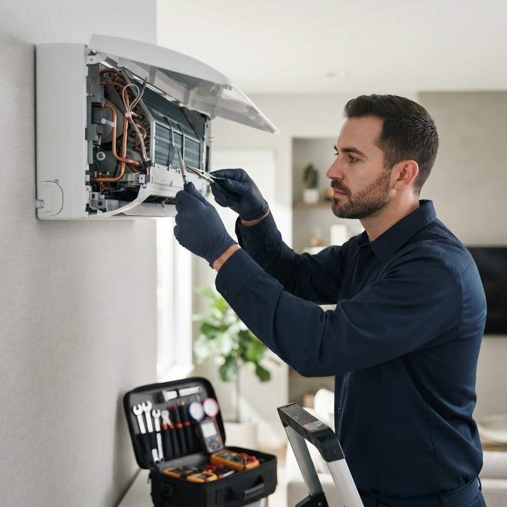 Technicien CVC assurant la maintenance d’une unité de climatisation